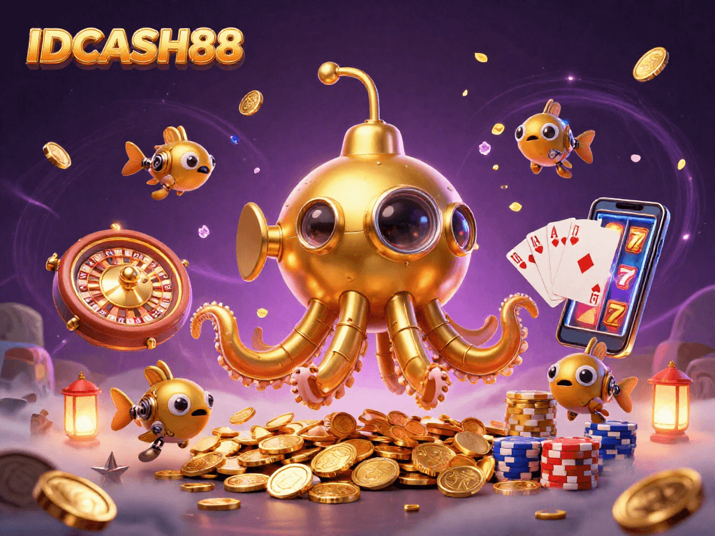 Experience the thrill of IDCASH88 through a dazzling 3D scene filled with golden coins and gaming elements.