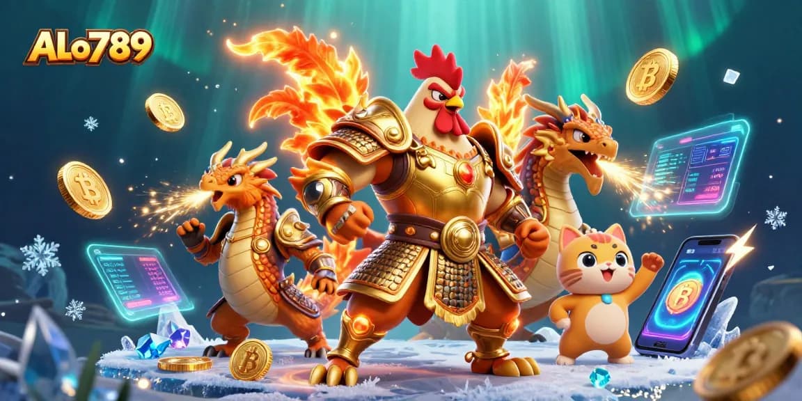 See the ALo789 world with the powerful rooster warrior and dragon in a vibrant gambling adventure.
