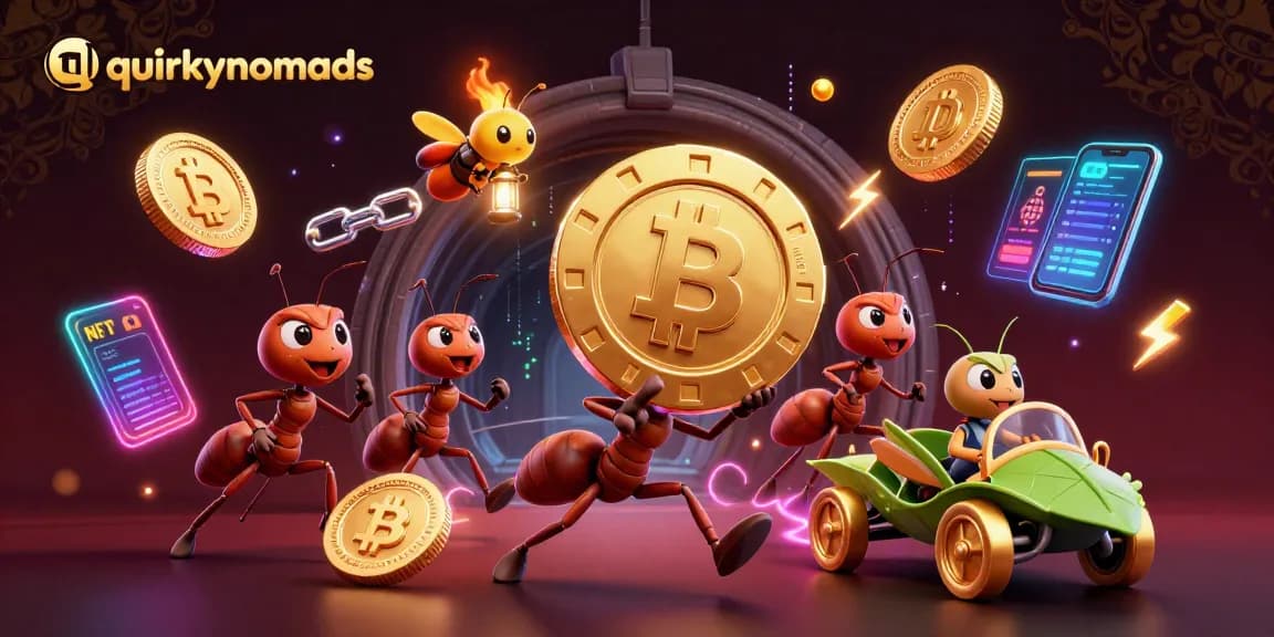 QuirkyNomads heist illustration scene with ants, crypto elements, and vibrant colors.