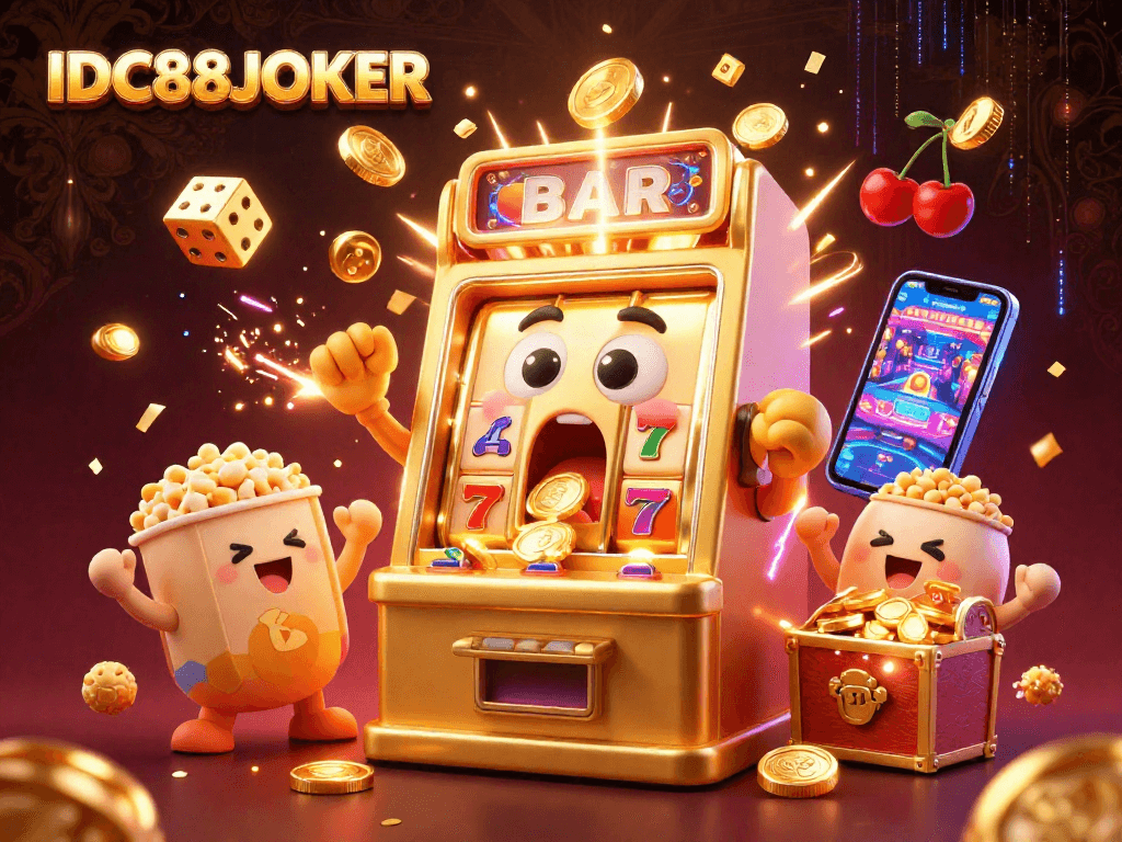 Experience excitement with IDC88JOKER's vibrant 3D illustration of a slot machine hitting a jackpot amidst cheering machines and golden coins.