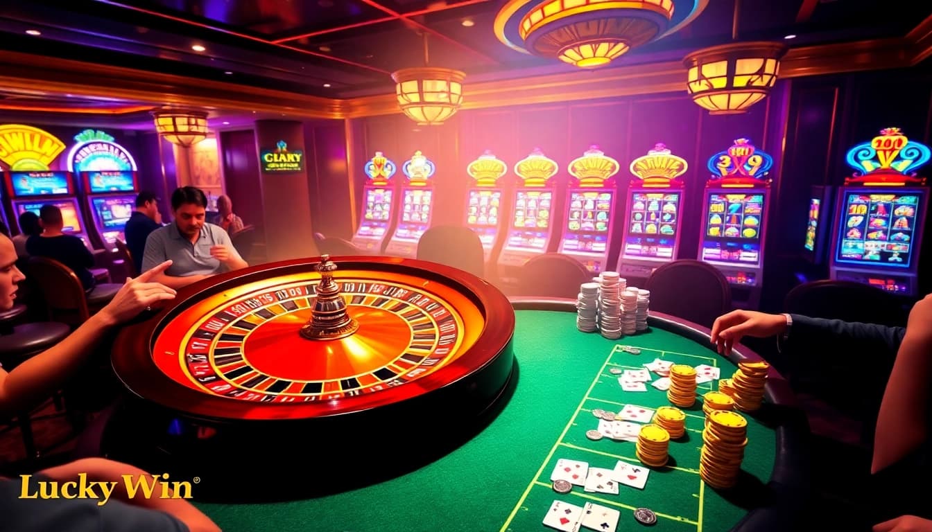 Experience the excitement of LuckyWin casino gaming with vibrant roulette and poker tables.