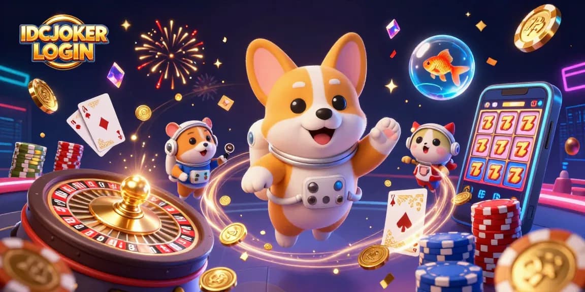 Experience the thrilling world of online gaming with IDCJOKER LOGIN featuring a playful astronaut corgi and exciting casino elements.