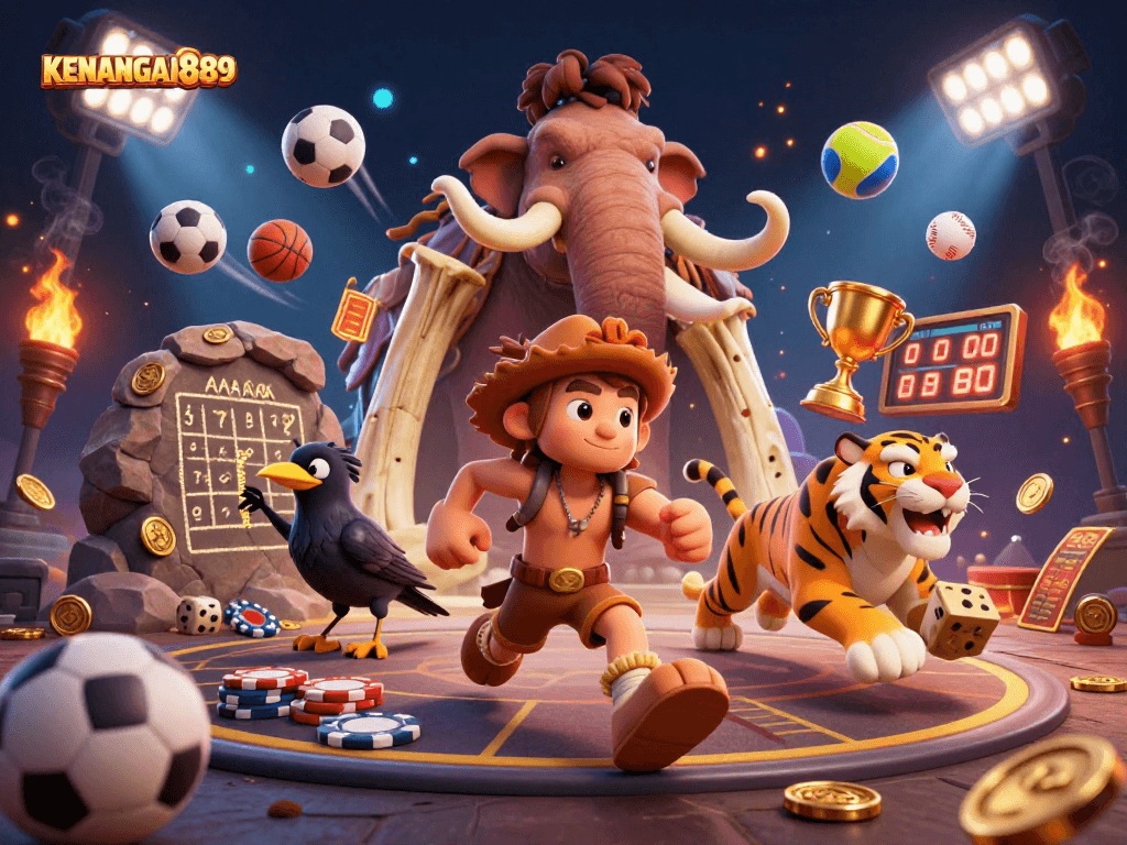 Experience the thrill of sports betting with KENANGAN889's vibrant 3D casino scene of playful caveman antics.