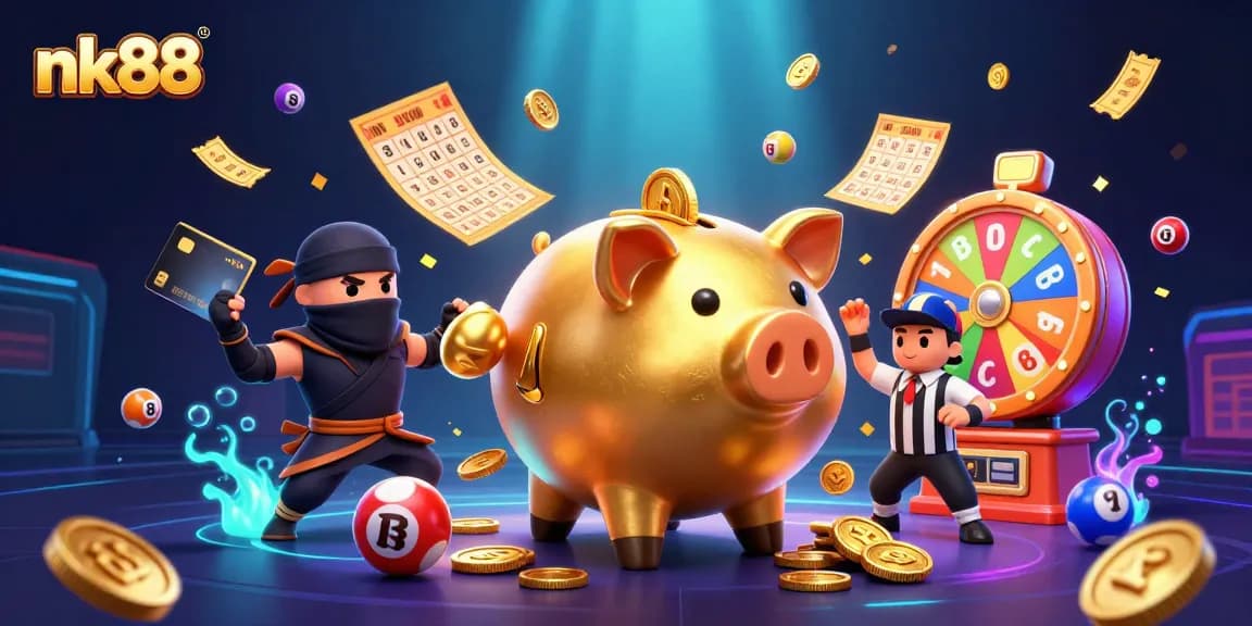 Experience dynamic gaming with nk88 as a golden sumo piggy bank wizard casts coins in a vibrant casino atmosphere.