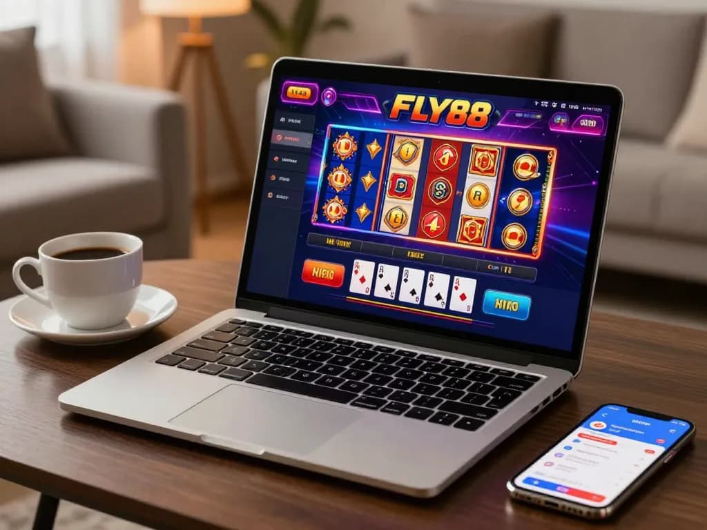 Play FLY88 on a stylish laptop showcasing exciting casino games in a warm home setting.