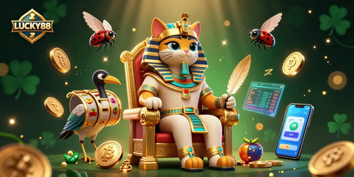LUCKY88 engages players with an immersive casino experience featuring pharaoh cat, crypto elements, and vibrant slot symbols.