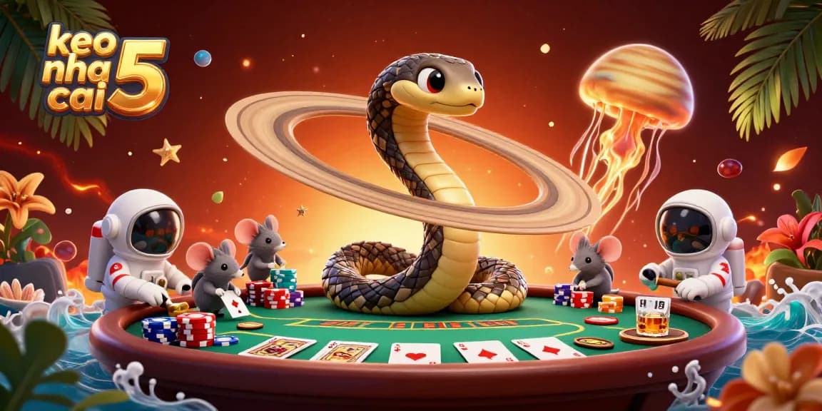 Engage with keo nha cai 5 at a cosmic poker scene featuring a Saturn ring snake and astronaut mice betting.