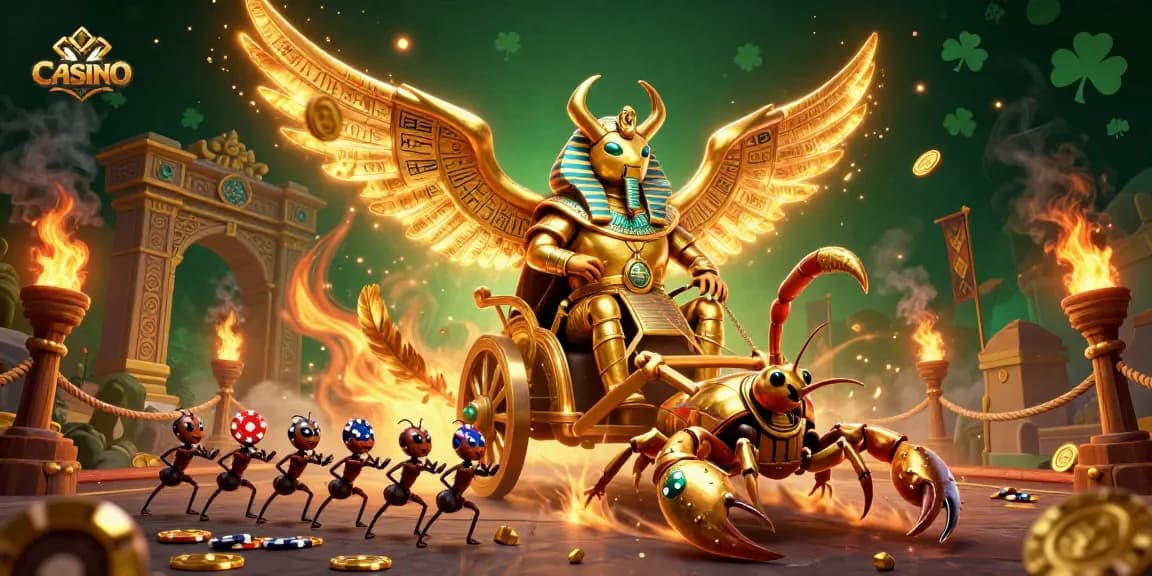 Engage with the thrilling CASINO adventure featuring a golden scarab chariot and scorpions.
