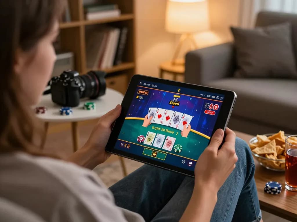 Play blackjack online at home with GK88 uk net on tablet, showcasing a cozy gaming atmosphere.