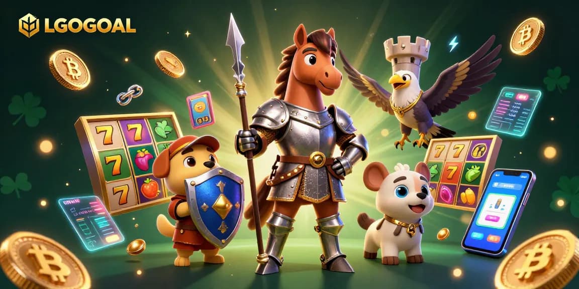 Join LGOGOAL's exciting slot adventure featuring knight, puppy, and falcon in a magical casino.