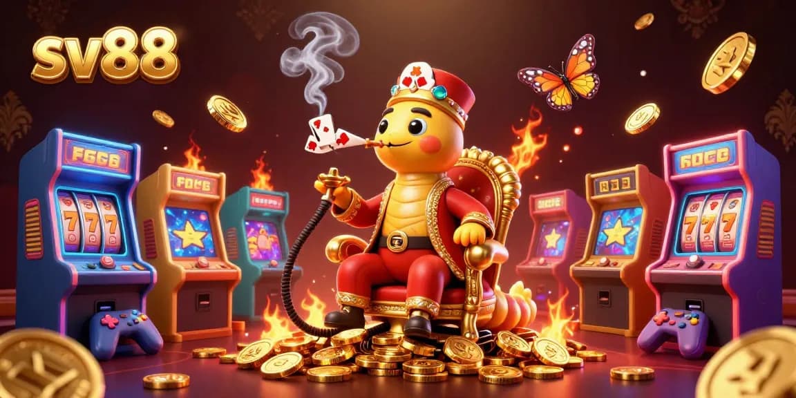 Join the sv88 experience with a vibrant 3D casino illustration showcasing a caterpillar master with poker symbols.