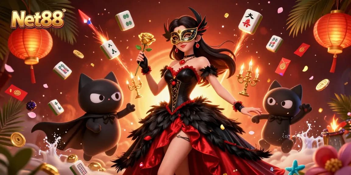 Experience the thrill of Net88 with a stylish woman amidst vibrant casino elements and glowing lanterns.