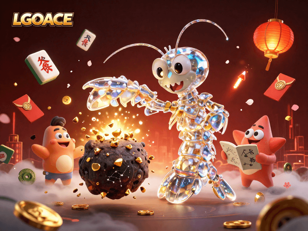 LGOACE showcases a vibrant 3D scene with a galactic mantis shrimp and starfish surrounded by casino treasures.