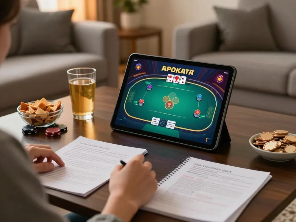 Playing luck8 online poker in a comfy living room with warm lighting and snacks.