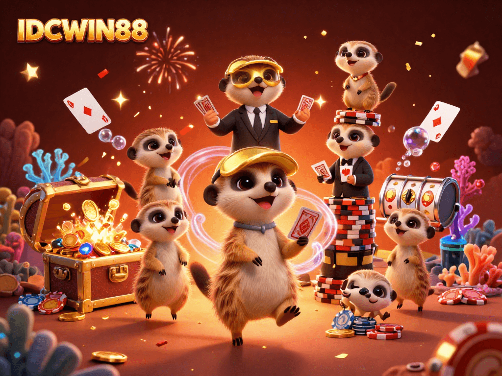 Immerse in IDCWIN88 with a vibrant meerkat casino scene showcasing action and camaraderie.