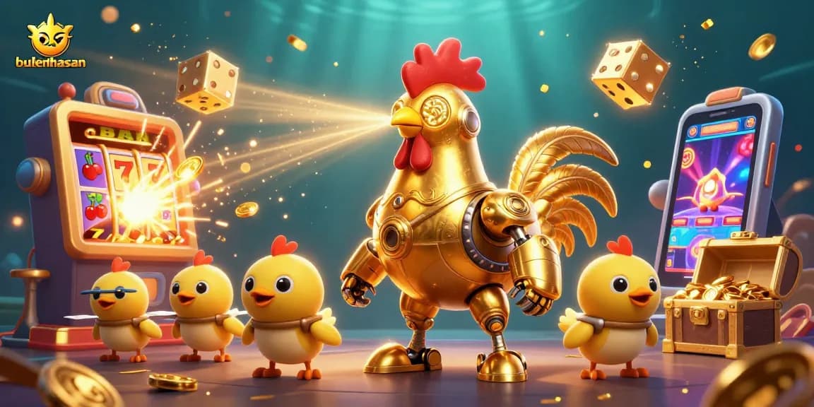 Bulenthasan invades the casino scene with a dynamic illustration of a golden rooster robot and chick drones amidst jackpot explosions