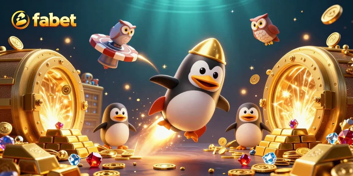 Spin the slots with fabet's golden penguin guide at a whimsical casino station in space.