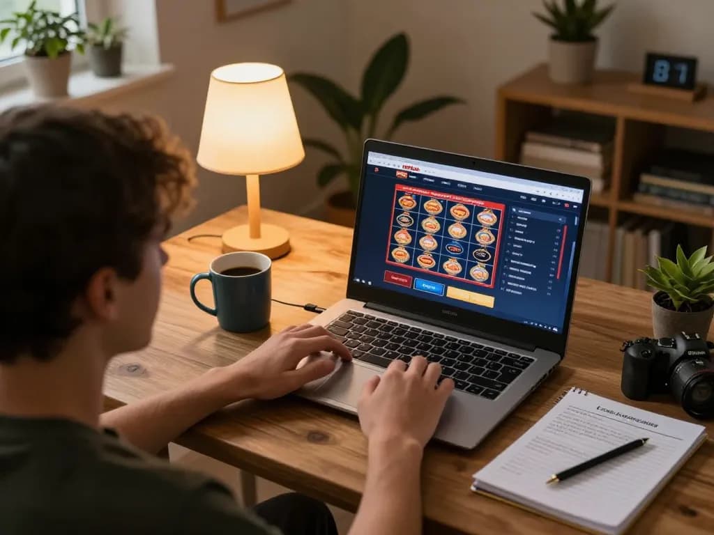 Player enjoying engaging slots on hi88com during a cozy home gaming session, surrounded by strategy notes