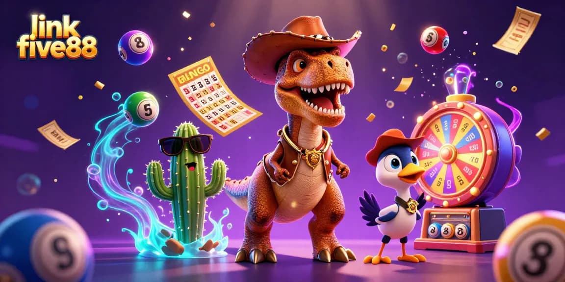 Experience the excitement with link five88, featuring a dynamic 3D cowboy dinosaur and colorful lottery elements.