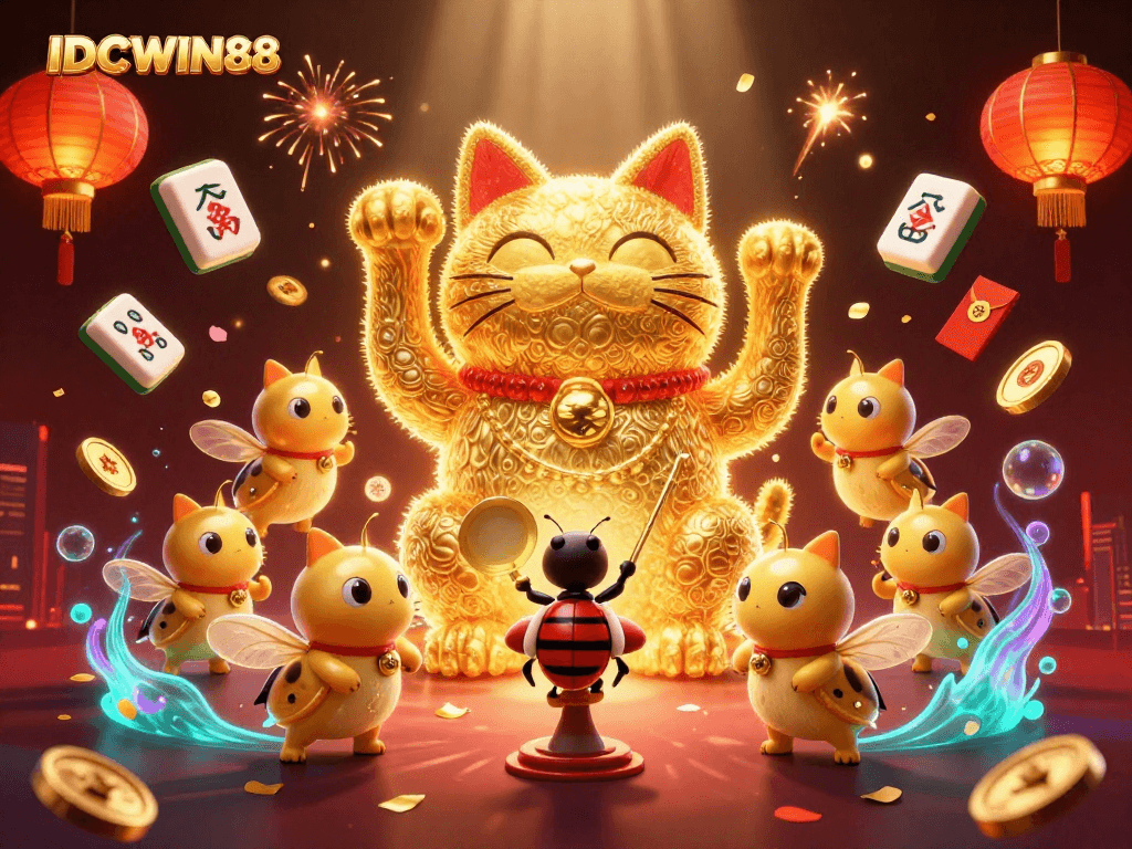Experience the excitement of IDCWIN88 with a dazzling scene of a lucky cat and casino symbols.