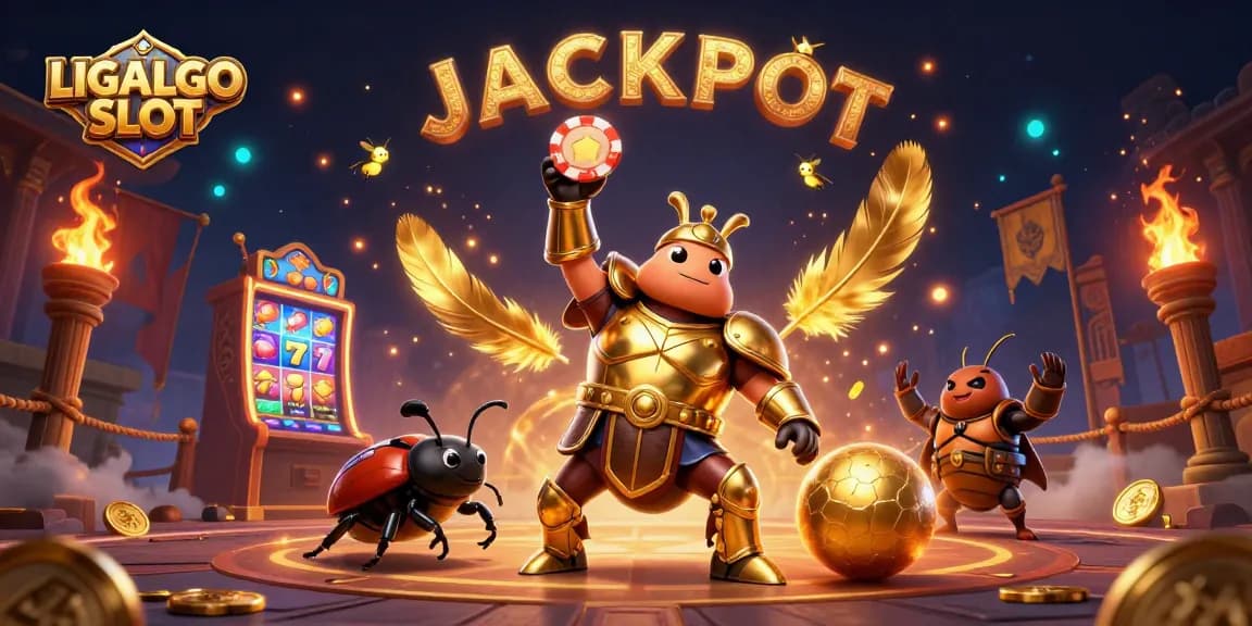 LIGALGO SLOT showcases a heroic beetle celebrating a jackpot, amidst vibrant casino elements.