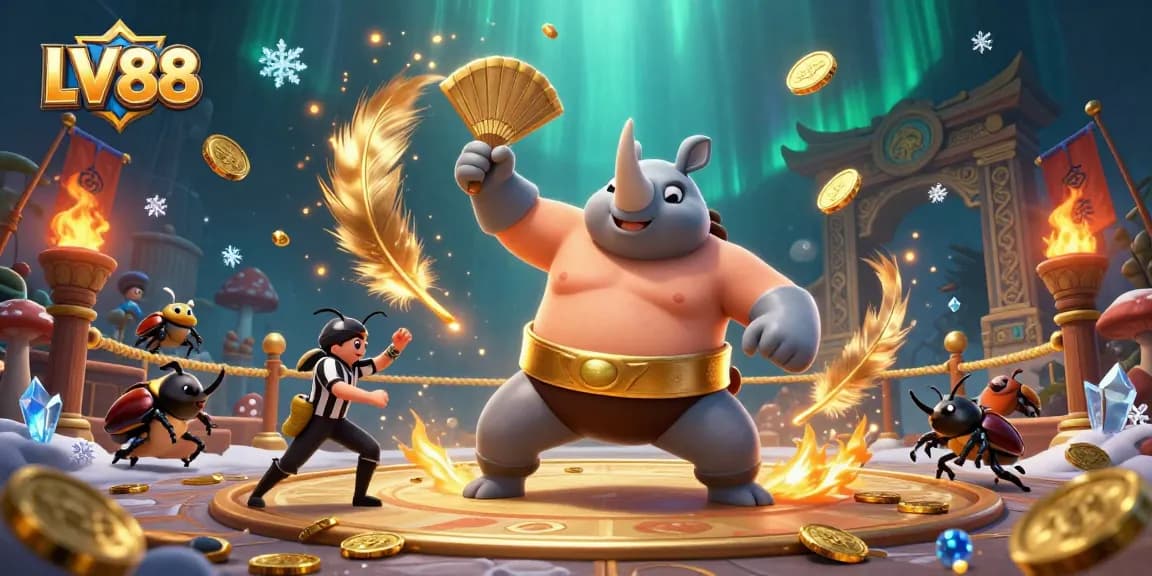 Experience LV88 with a dynamic sumo battle scene featuring vibrant beetles, gold coins, and a dazzling atmosphere.