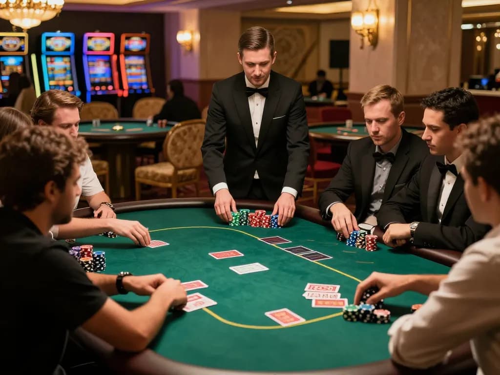 Engaged players at rokok88 poker table strategizing their next moves in a luxurious casino.