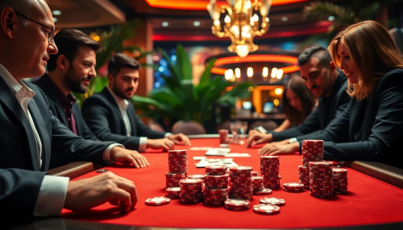 Experience high-stakes poker at 壹發娛樂, showcasing vibrant chips and intense gameplay.