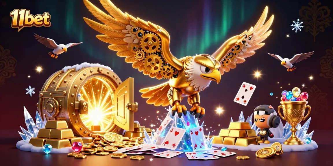 Engage with the 11bet world through a vibrant 3D illustration of a cybernetic eagle amidst dazzling treasures.