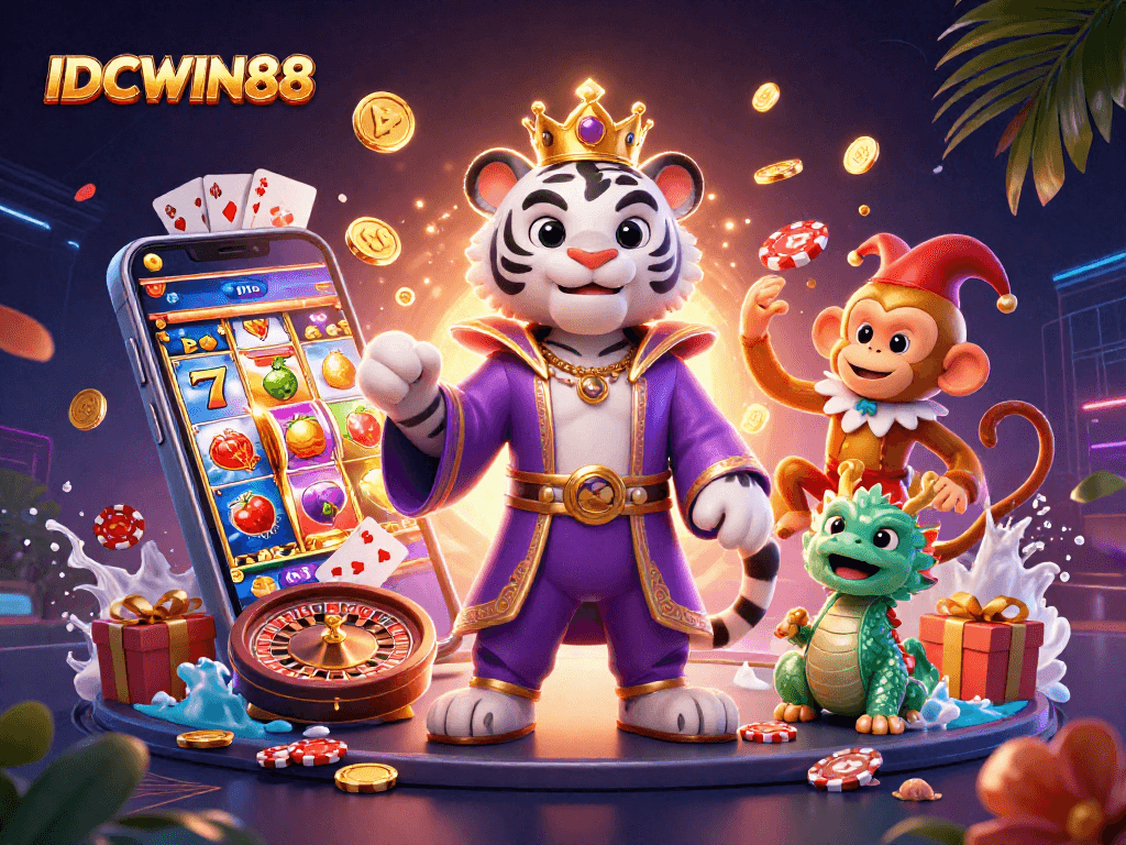 Experience winning excitement with IDCWIN88 in a vibrant casino-themed 3D illustration.