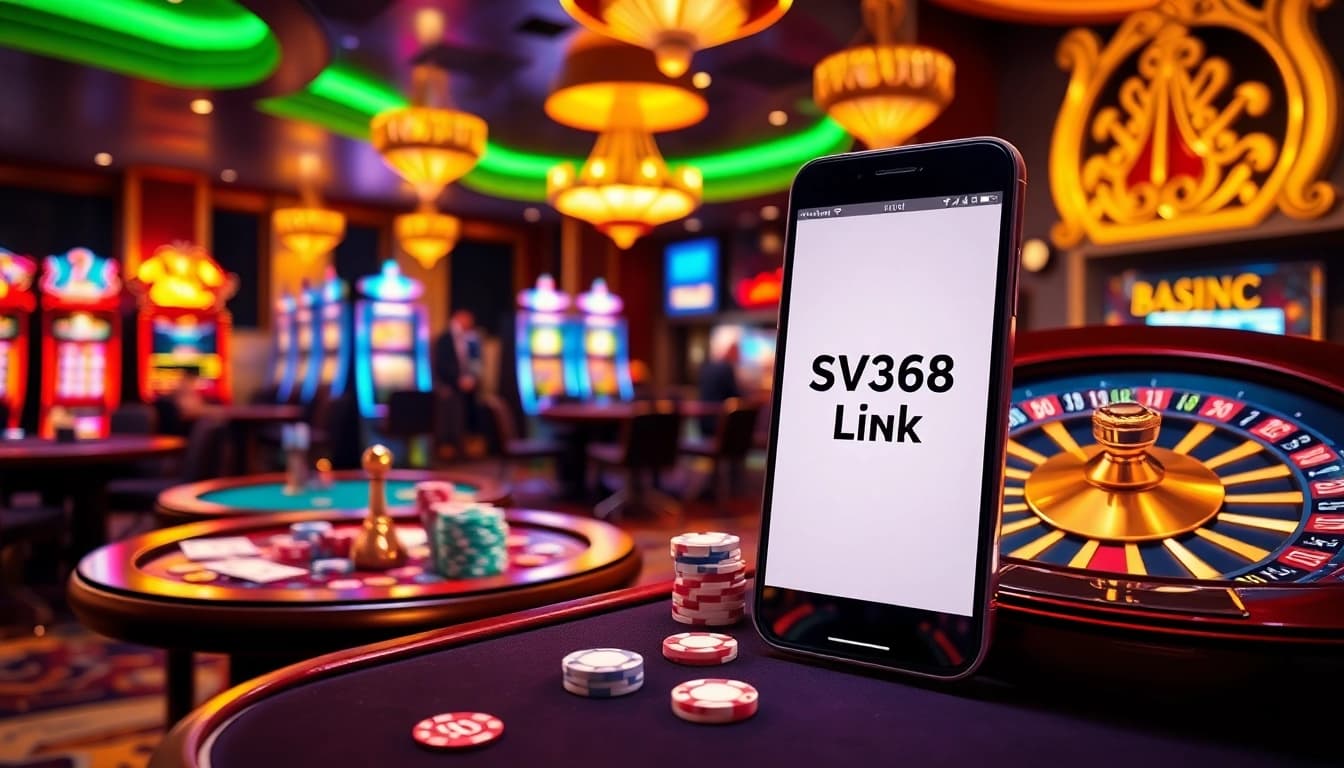 Exciting gambling scene featuring the SV368 Link on a smartphone amidst casino tables and slot machines.