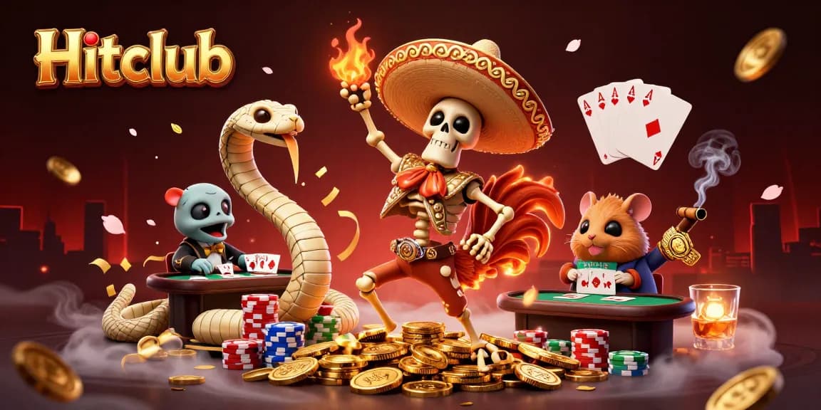 Experience the excitement of Hitclub with lively characters dancing among poker elements and golden coins.