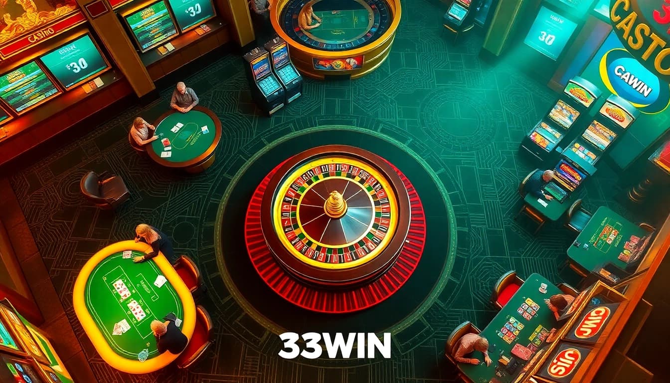 Engaging scene of a vibrant casino with players at 33WIN poker tables and a roulette wheel.
