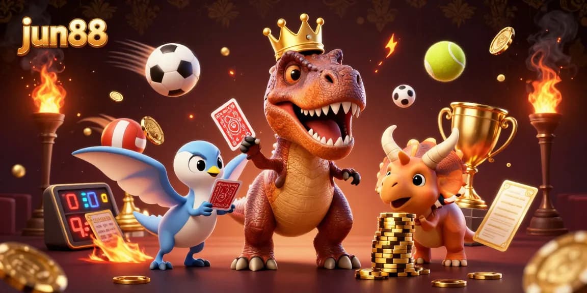 Experience thrilling gameplay at jun88 with a friendly T-Rex and friends shuffling cards and stacking chips.