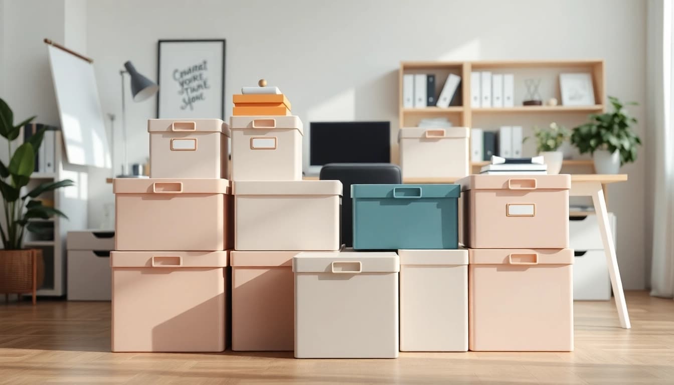 Organized storage box options enhancing a home office workspace.