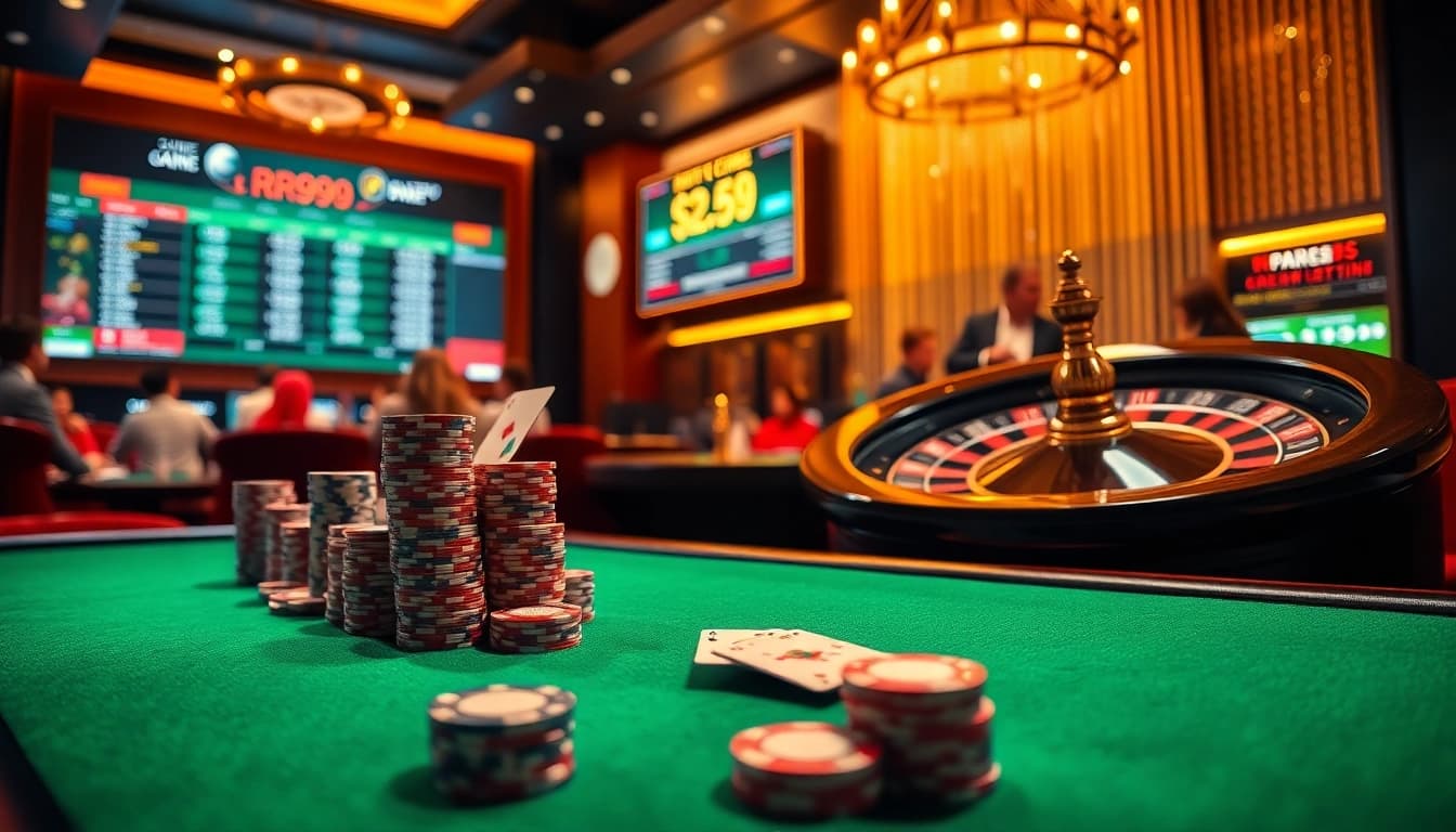 Exciting scene of gambling at Nhà cái RR99 with vibrant casino tables and engaging players.