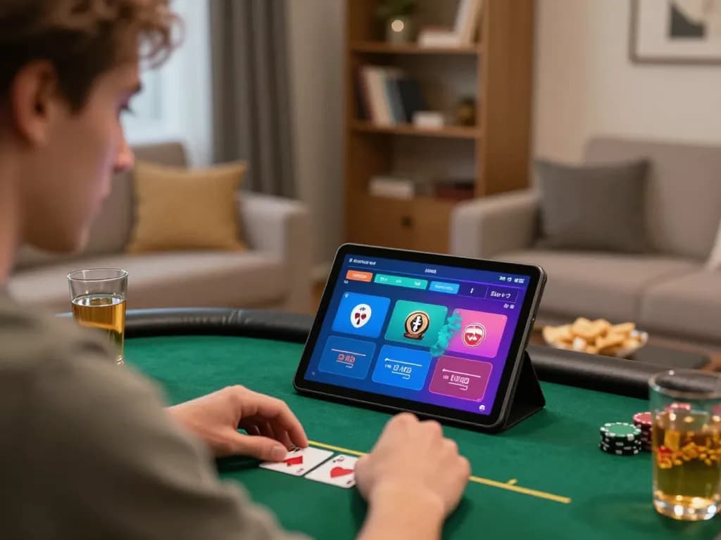 Playing poker on a tablet in a cozy home setting showcasing 789win online gaming.