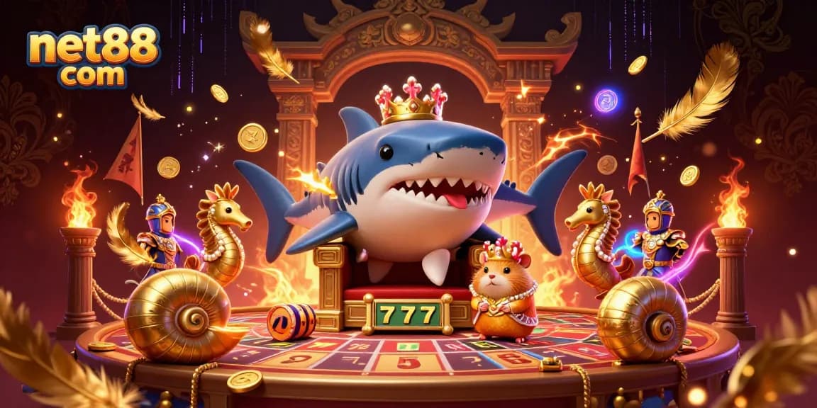 Engage with net88 com's rich casino scene showcasing a golden hamster king amidst thrilling slot game elements.
