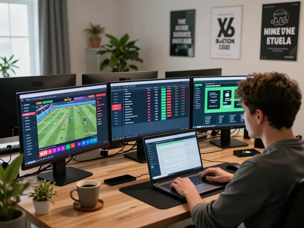 Person analyzing F168 sports betting odds on laptop in a modern home office.