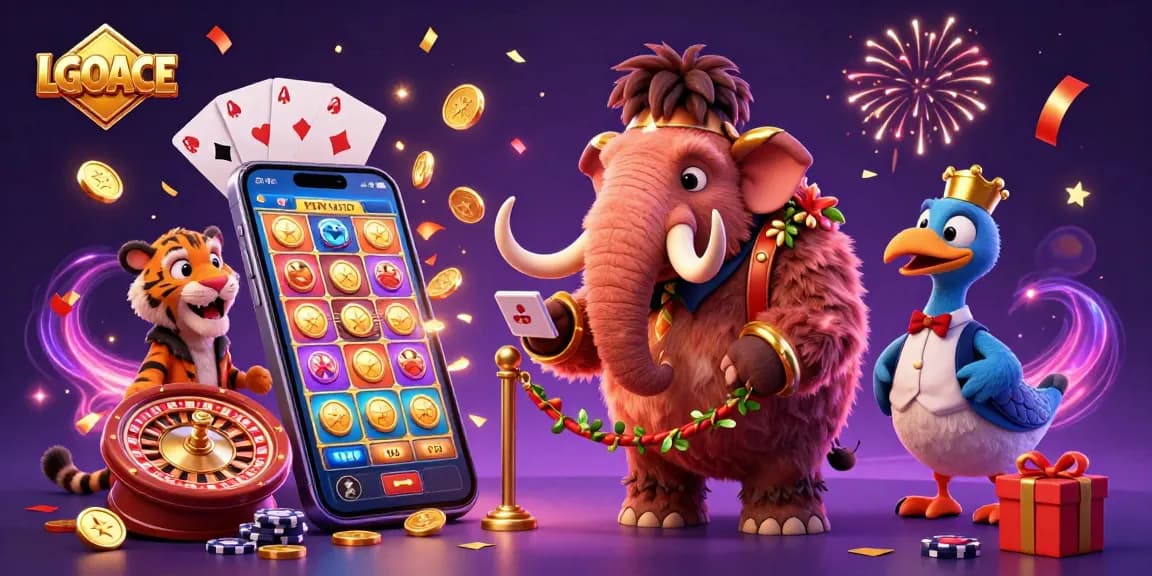 LGOACE welcomes players in a vibrant casino scene with 3D cartoon characters and dynamic gaming elements.