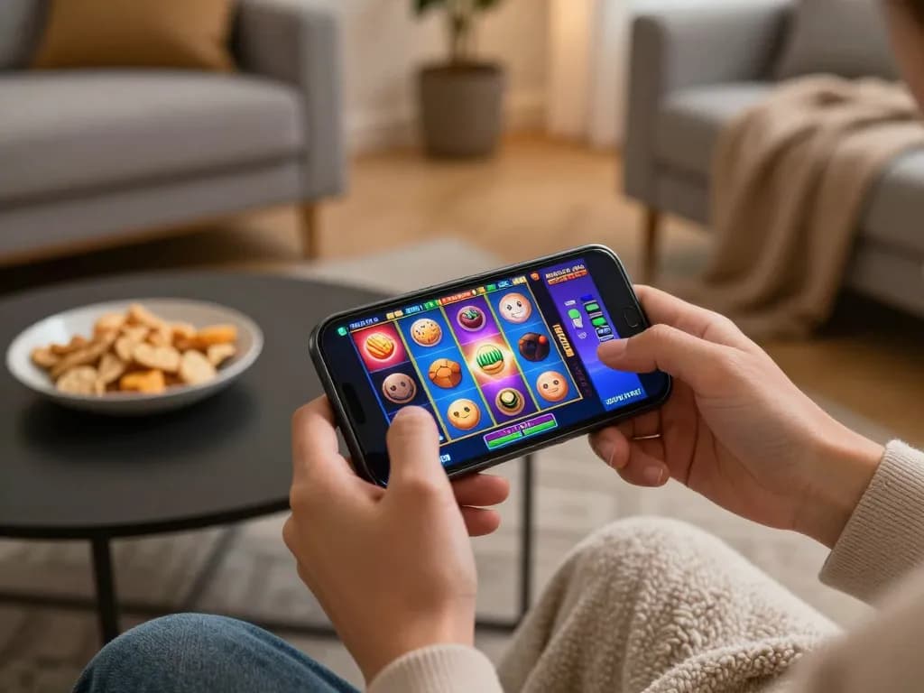 Playing exciting slots on mobile phone, an engaging situs slot experience in a cozy living room.