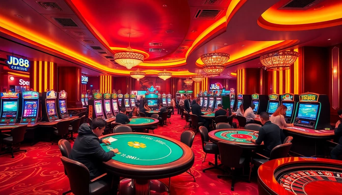 Người chơi đang tận hưởng các trò chơi cược cao tại JD88, với bàn poker và bánh xe roulette.