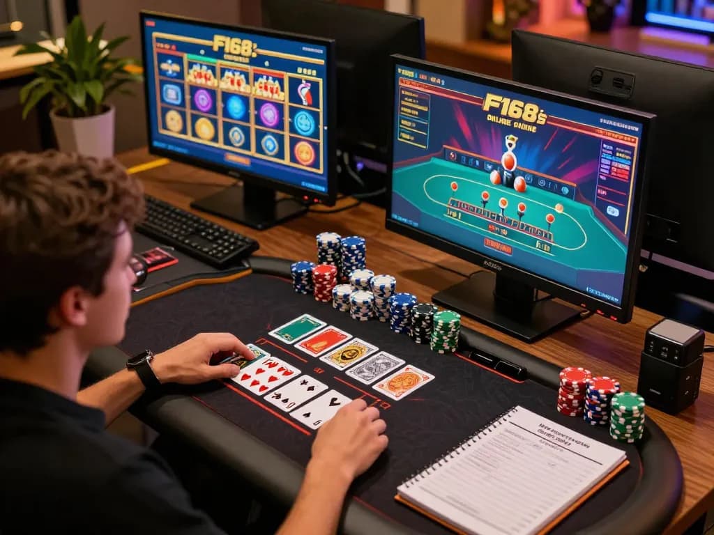 Engaged player strategizing wins on F168 online casino screens, showcasing vibrant slots and blackjack games.