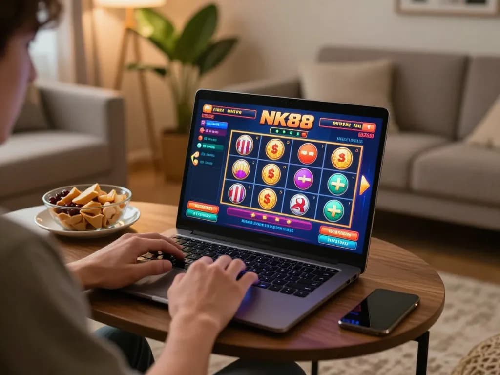 Engaging in NK88 casino games on a laptop in a cozy home setting while enjoying strategic gameplay.