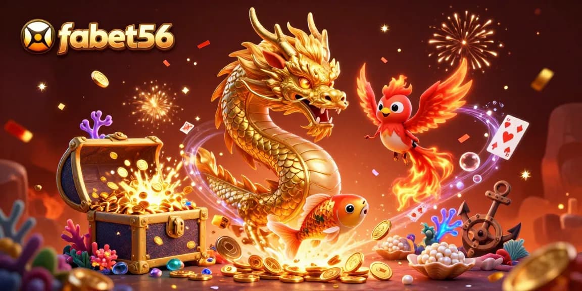 Engage with fabet56 alongside a fierce dragon and phoenix in a vibrant casino-themed scene.