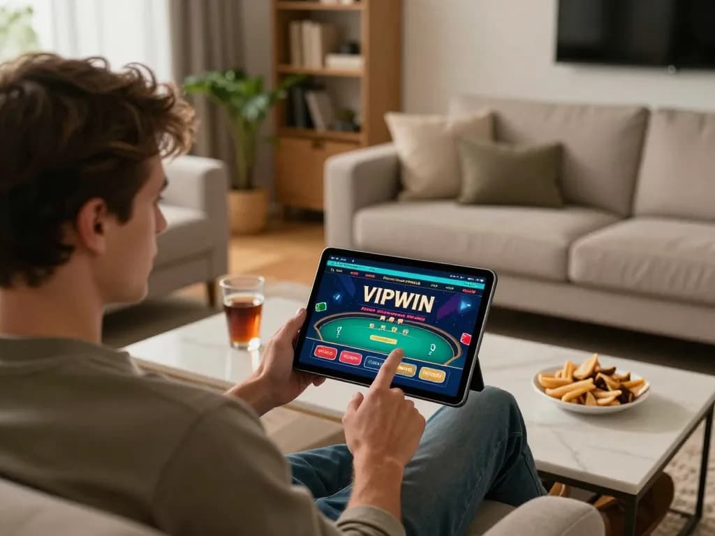 Player using VIPWIN poker app on a tablet in a stylish home setting, highlighting casual gaming.