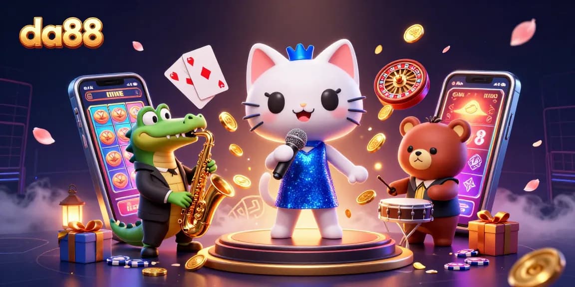 da88 themed casino illustration featuring a jazz-singer cat, saxophone crocodile, and drum cub playing amid games