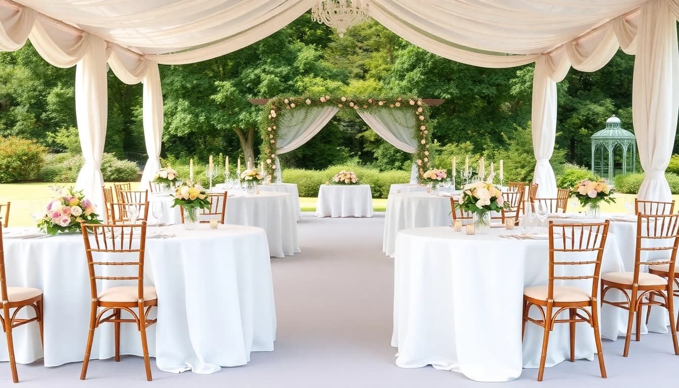 Showcase of Wedding Tent Chair & Table Rentals arranged beautifully for an elegant outdoor wedding.