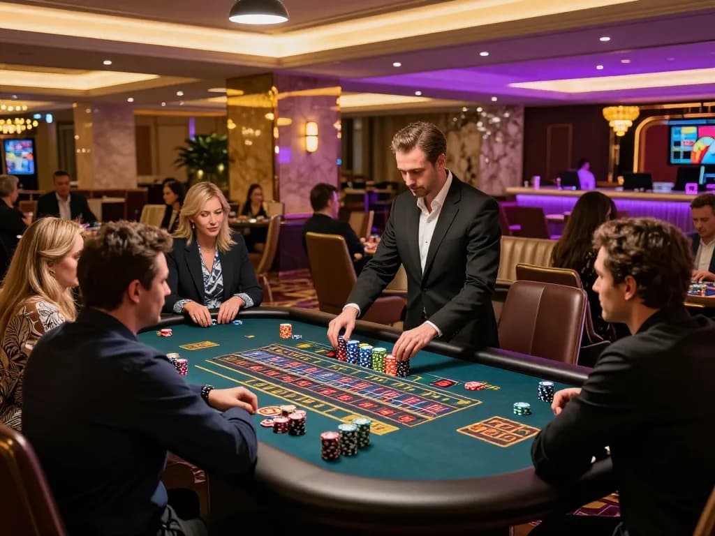 Players engaging in roulette strategy at MM88 casino with vibrant atmosphere