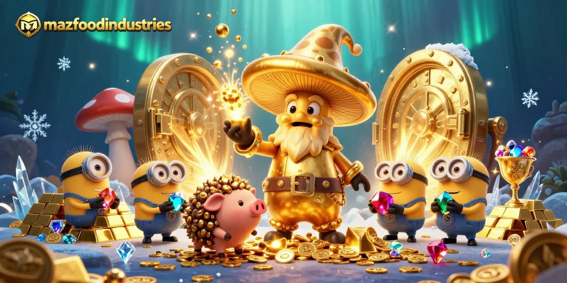 Engage with mazfoodindustries' exciting casino experience with a vibrant golden wizard and treasures.